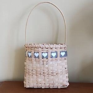 Bamboo Basket 9x9x4 Inches 7 Inch Handle Hearts Handmade Farmhouse Natural Blue